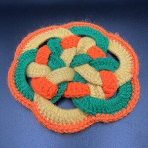 Vintage 70s Crochet Knot Trivet Hot Pad Orange Green Yellow Retro Mid Century